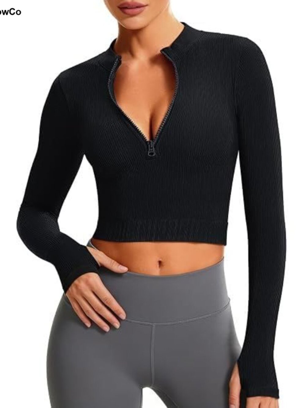 Half Zip Long Sleeve Workout Crop Top Thumbholes Ribbed Pullover
